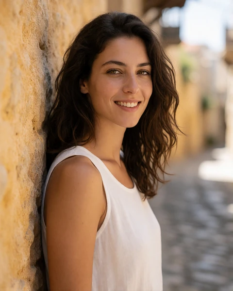 Greek woman in a white linen top beside a medieval stone wall in the old town of Rhodes