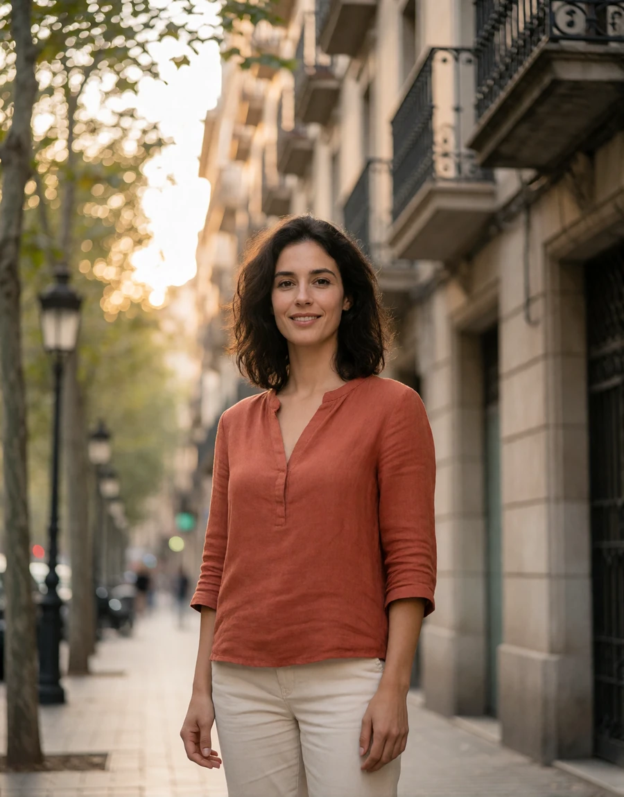 Spanish woman in a terracotta linen blouse standing on a tree-lined Barcelona avenue at golden hour, a EuroPassions Spanish dating member portrait