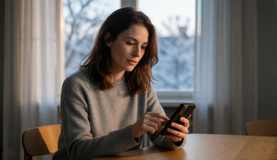 Woman adjusting privacy and cookie settings on her phone in a bright Copenhagen apartment