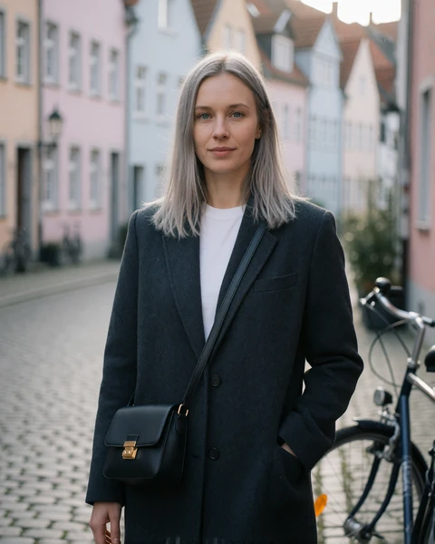 German woman in a charcoal coat on a cobblestone Cologne old town street, representing German dating on EuroPassions