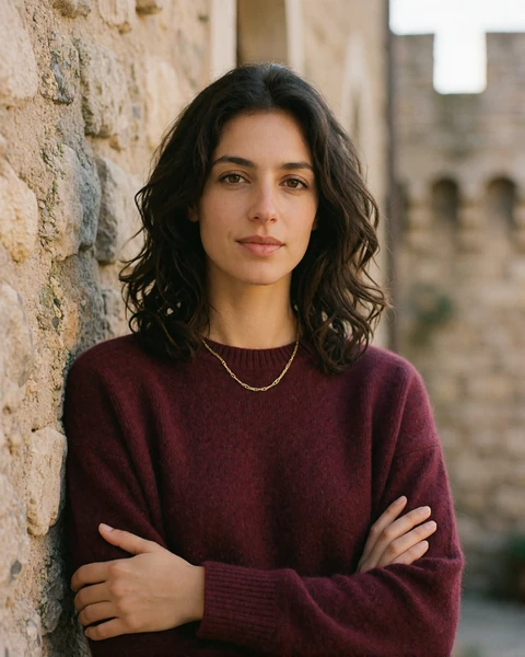 Chiara, 36, from Citta di San Marino, standing by a medieval stone wall in the old town