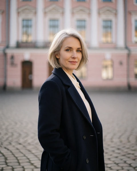 Estonian woman in a navy wool coat on the pastel town hall square in Tartu on a spring morning