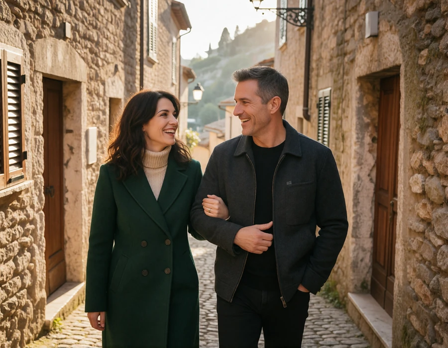 Couple walking a narrow cobbled stone street in the San Marino old town at golden hour