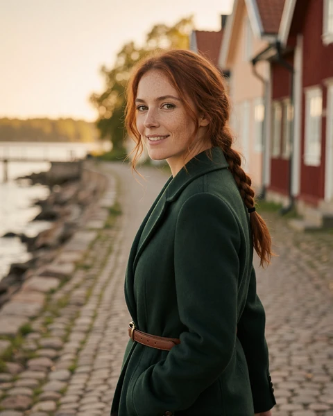 Finnish woman in a forest green wool coat walking a cobbled lane past pastel wooden houses in Porvoo old town, Finland