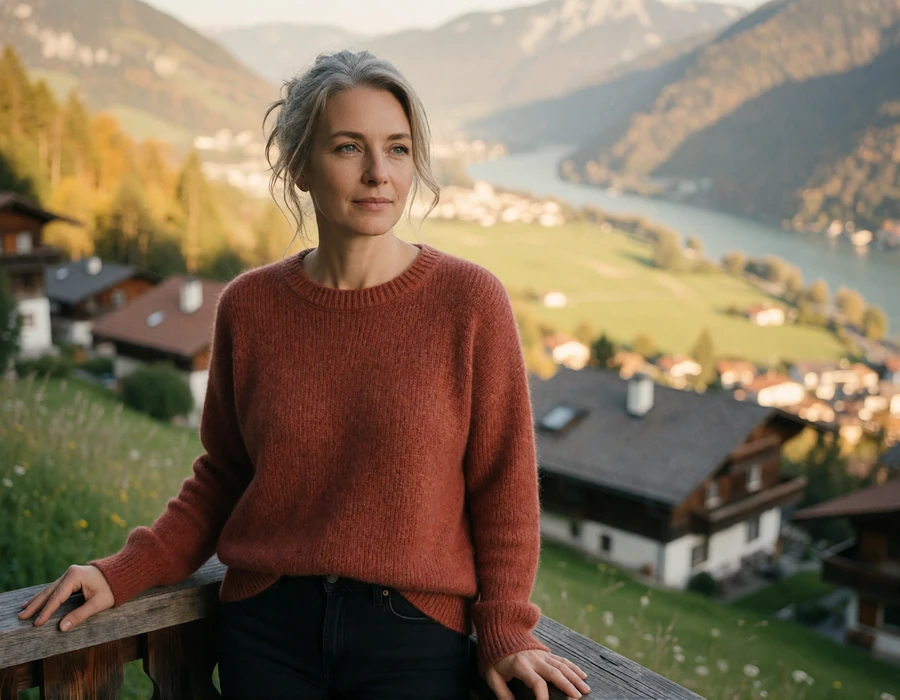 Woman in a rust knit sweater on a mountain terrace in Triesenberg looking out over the Rhine valley in Liechtenstein