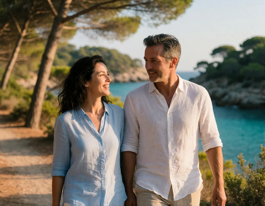 International couple walking together along a coastal footpath on the Costa Brava in Catalonia, Spain