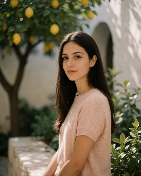 Cypriot woman in a blush knit top seated in a quiet courtyard in central Nicosia, a verified member profile portrait