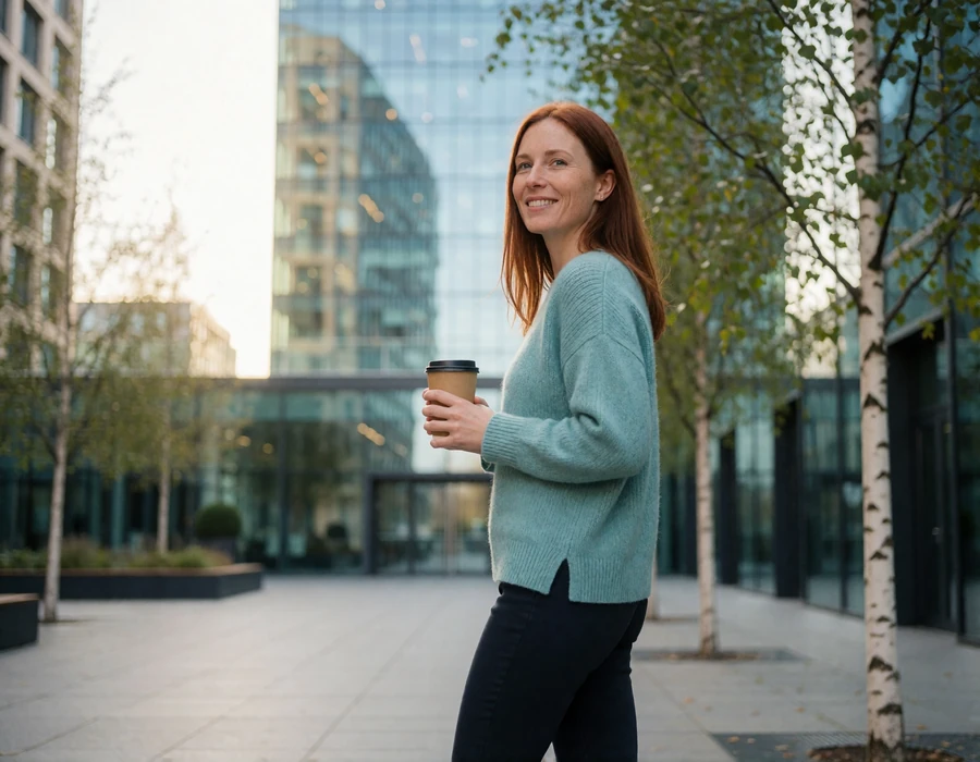 Woman in a teal sweater walking through the Kirchberg business district plaza in Luxembourg on a bright morning