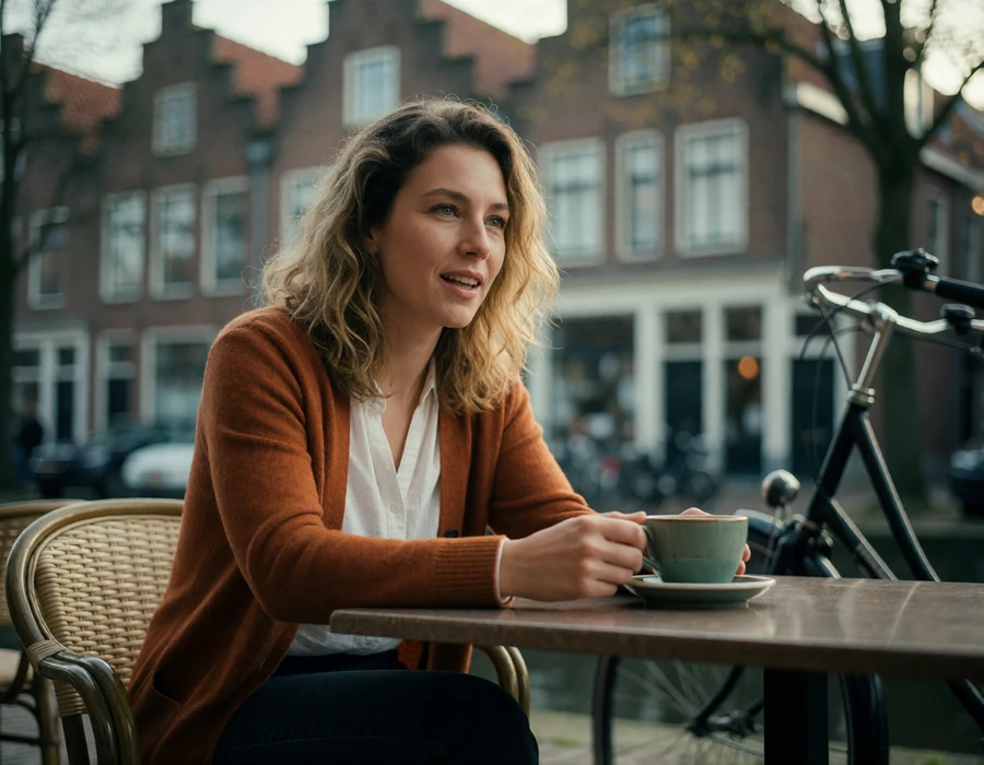 Dutch woman in a rust cardigan seated at an outdoor cafe table on a quiet Utrecht canal street
