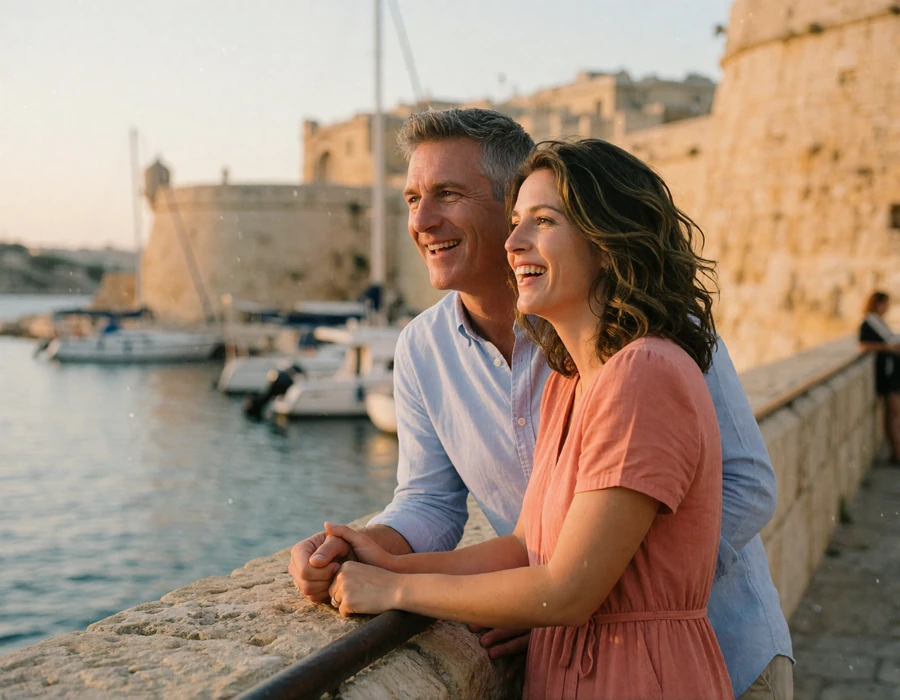 American man and his Maltese partner laughing together on the Grand Harbour waterfront in Malta at golden hour