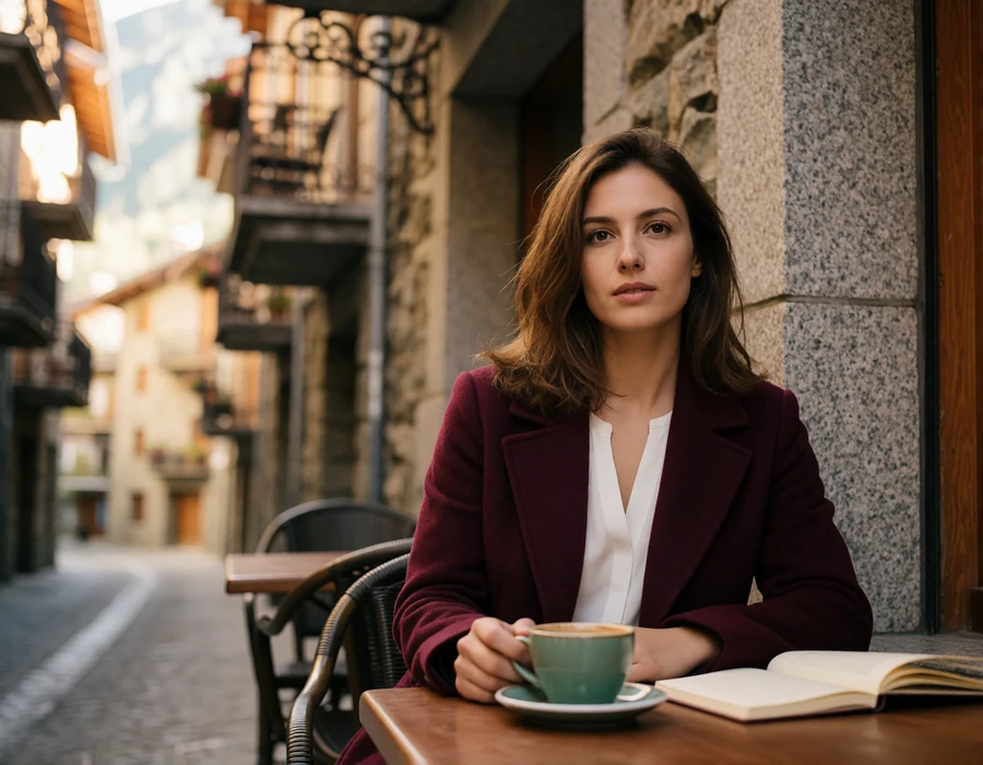 Andorran woman in a burgundy coat at an outdoor cafe table on a stone street in Escaldes-Engordany