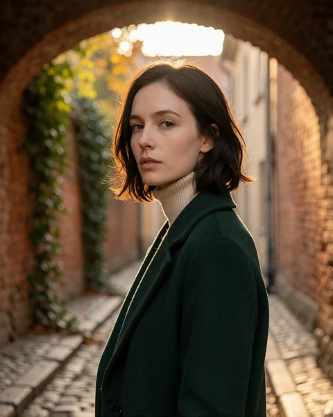 Lithuanian woman in a forest-green coat under a brick arch in the Uzupis district of Vilnius