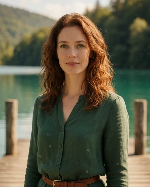 Austrian woman in a forest green blouse standing on a lakeside jetty at Woerthersee near Klagenfurt, Carinthia