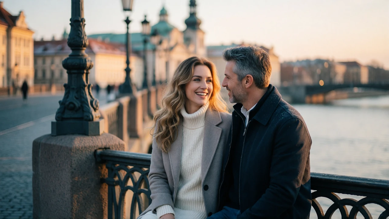 Couple in their forties sitting on a European city bridge at golden hour, illustrating the stages of a long-distance relationship timeline