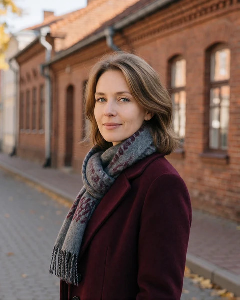 Latvian woman in a burgundy coat on a brick-paved street in Daugavpils, EuroPassions member profile portrait