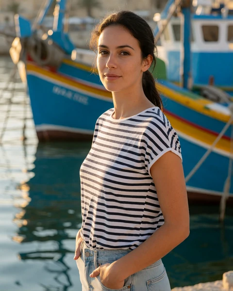 Maltese woman in a striped top on the quay at Marsaxlokk harbor with traditional painted fishing boats behind her