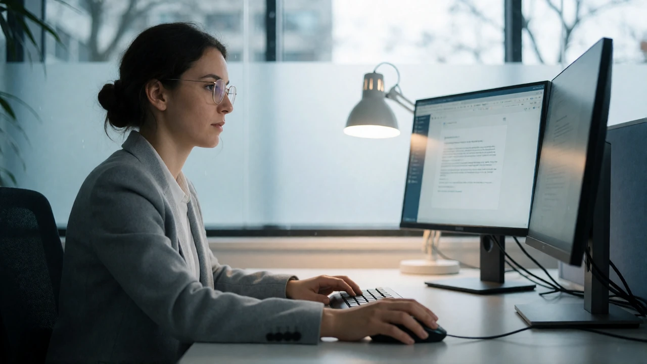 Trust and safety analyst reviewing flagged dating profiles at a modern office workstation during moderation