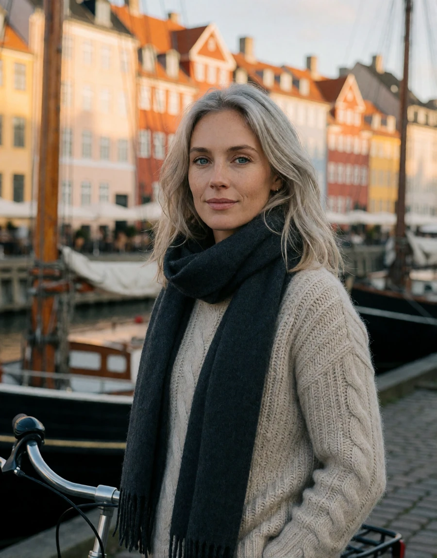 Danish woman in a knit sweater standing with a bicycle on the Nyhavn canal quay in Copenhagen, a EuroPassions Danish dating member portrait