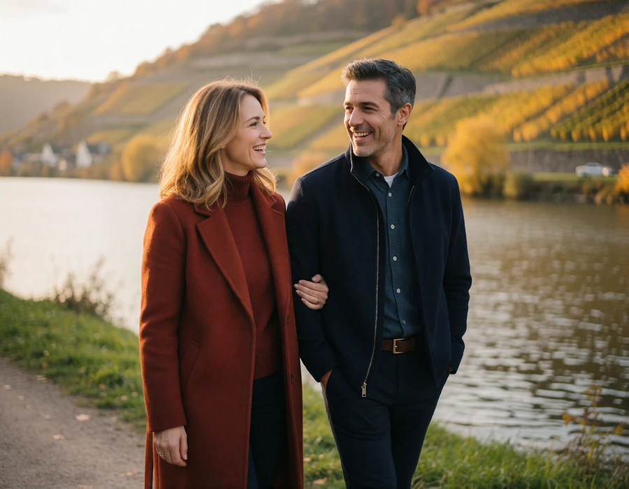 International couple walking together on a riverside path beside the Moselle vineyards in eastern Luxembourg