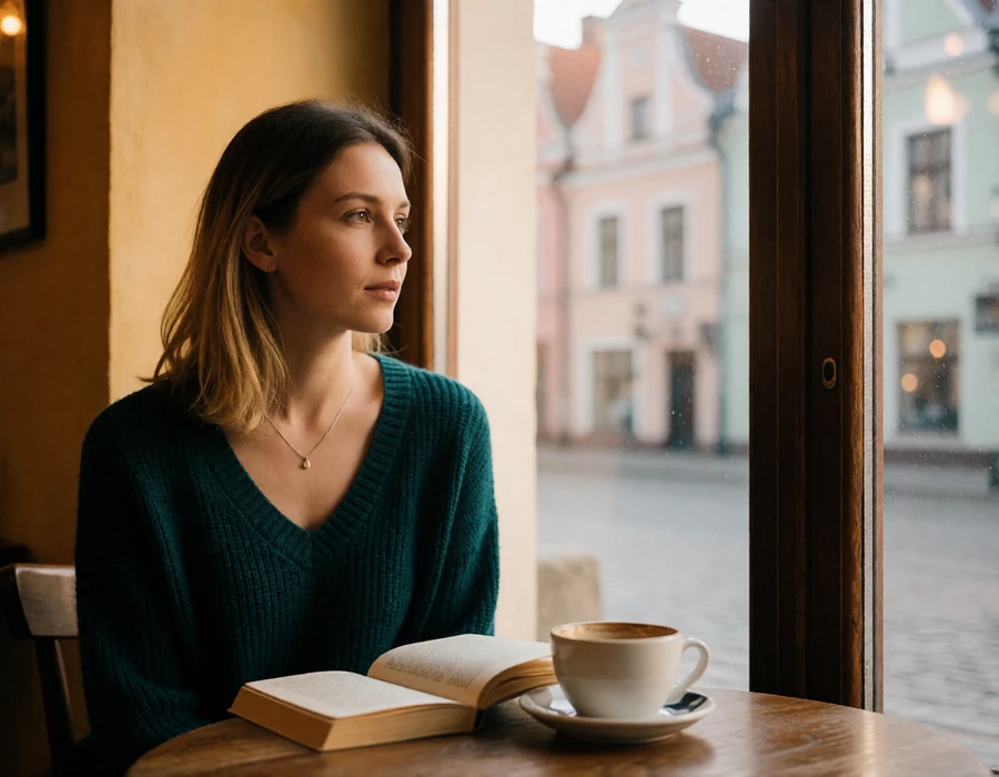 Latvian woman in a teal sweater at a window table in a Riga old town cafe, illustrating everyday life in Latvia