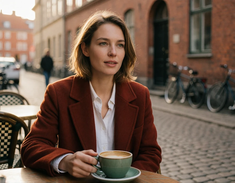 Danish woman in a rust wool coat at an outdoor cafe table on a cobbled street in central Aarhus, Denmark