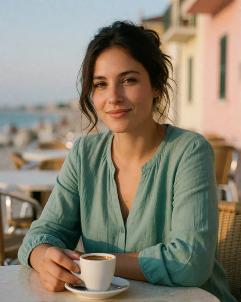 Giulia, 38, from Rimini, seated at an outdoor cafe table near the Adriatic seafront