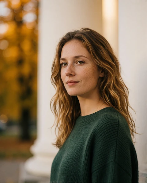 Estonian woman in a forest green sweater outside the neoclassical university building in Tartu in autumn light