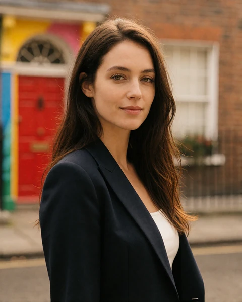 Irish woman in a navy blazer on a Georgian street in central Dublin