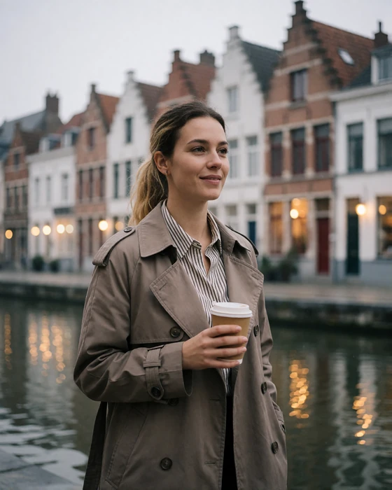 Belgian woman walking along the Ghent canal waterfront, representing Western European dating regions