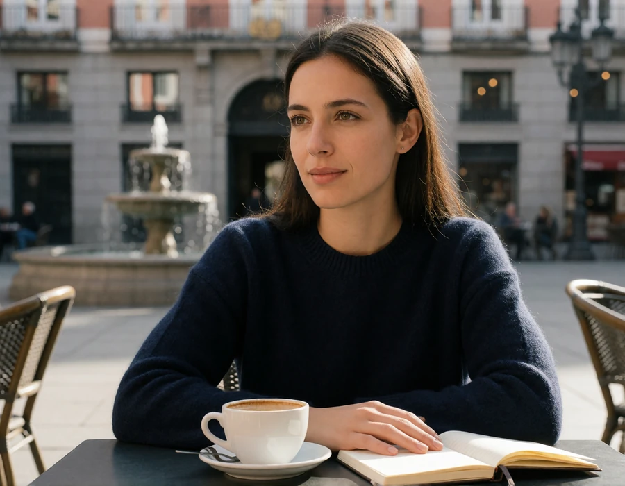 Spanish woman in a navy knit sweater seated at an outdoor cafe table on a quiet plaza in central Madrid