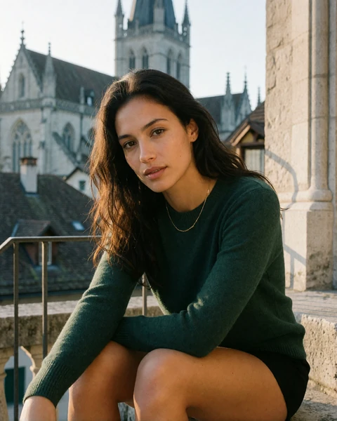 Swiss woman in a forest-green sweater seated on a stone terrace in the old town of Lausanne above Lake Geneva