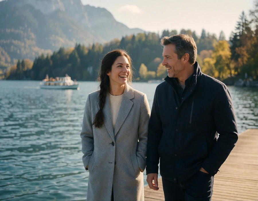 International couple walking and laughing on the lakeside promenade beside Lake Lucerne with forested mountains behind them