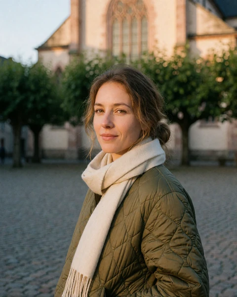 Woman in an olive quilted jacket on the abbey square in Echternach, eastern Luxembourg