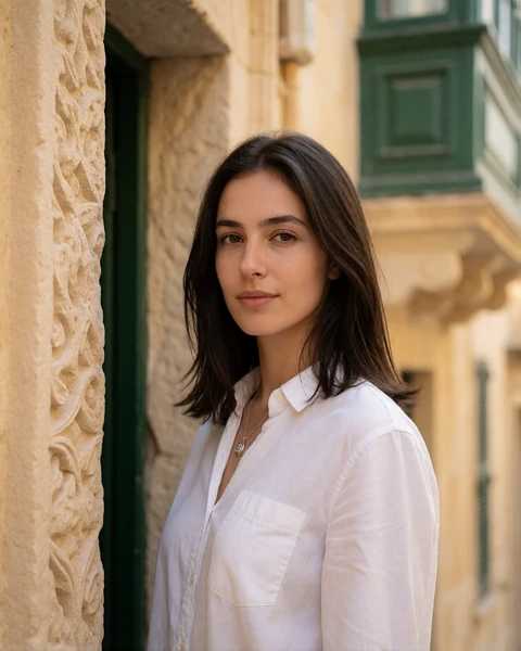 Maltese woman in a white cotton shirt beside a carved limestone doorway in Valletta
