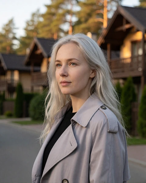 Latvian woman in a grey trench coat on a Jurmala lane lined with wooden villas, EuroPassions member profile portrait
