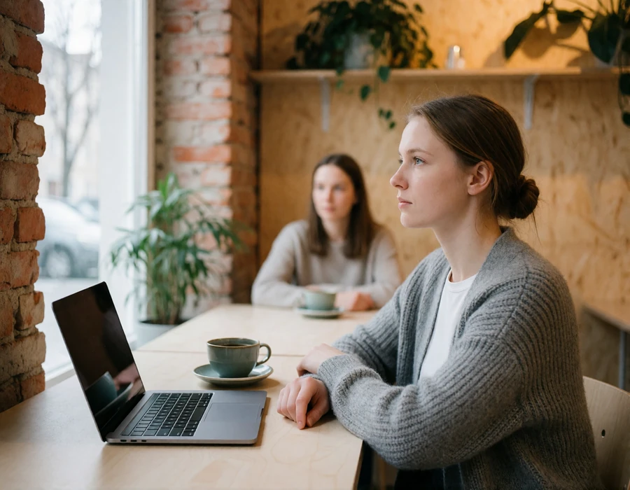Estonian woman working quietly with a laptop and coffee in a bright Tallinn cafe, illustrating Estonia's everyday digital culture