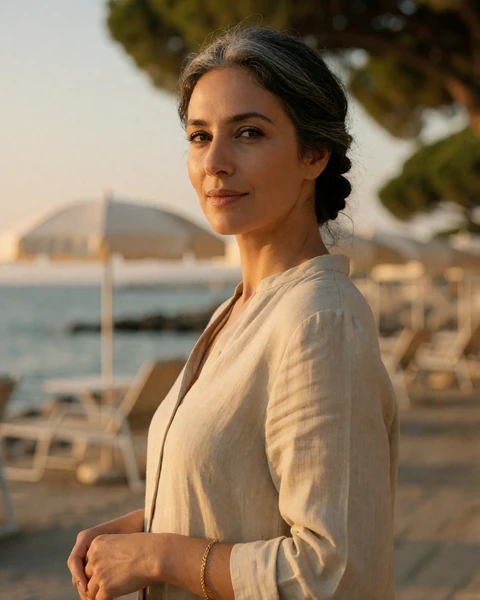 Italian woman in a sand linen blouse on the coastal promenade at Ostia near Rome at golden hour