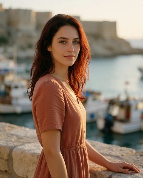 Cypriot woman in a rust cotton dress on a stone terrace above Paphos harbour, a verified member profile portrait