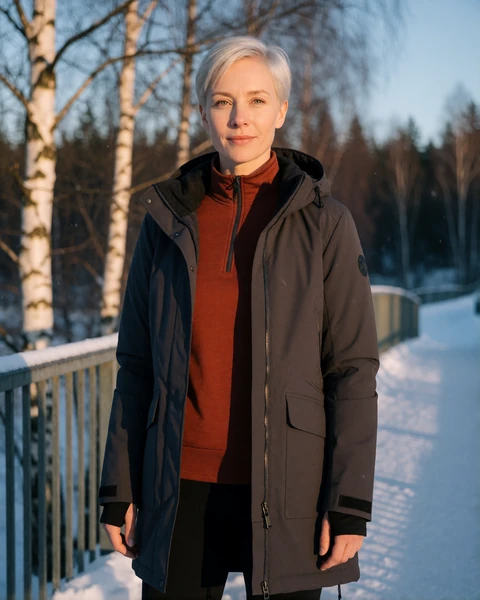 Finnish woman in a charcoal parka on a snow-dusted footbridge over the Oulu river in North Ostrobothnia, Finland