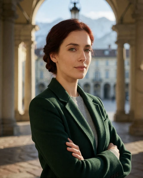 Italian woman in a forest green blazer standing in an arcaded Turin piazza with Alpine peaks in the distance