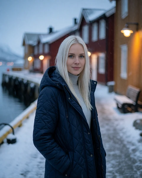 Norwegian woman in a navy parka on a snow-dusted harbour walkway in Tromso, Arctic Norway