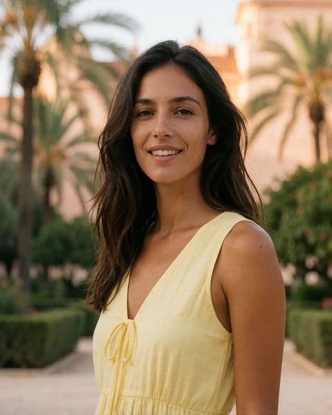 Spanish woman in a pale yellow summer dress standing near the Turia gardens in Valencia