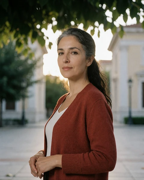 Greek woman in a rust cardigan standing in a tree-lined central square in Larissa, Thessaly