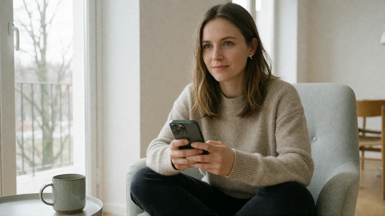 Estonian woman in a bright Nordic apartment reviewing messages on her phone, illustrating the member side of dating site safety