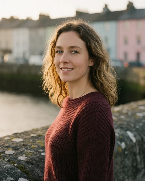 Irish woman in a burgundy jumper beside the River Lee quay wall in Cork city
