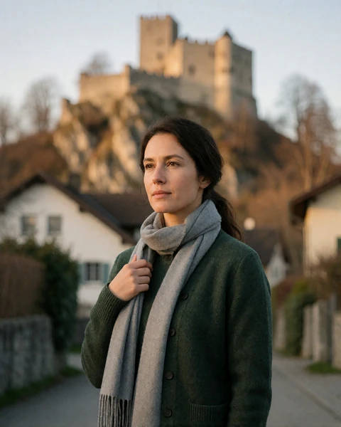 Woman in a forest green cardigan on a village lane in Balzers with a hilltop castle in the distance
