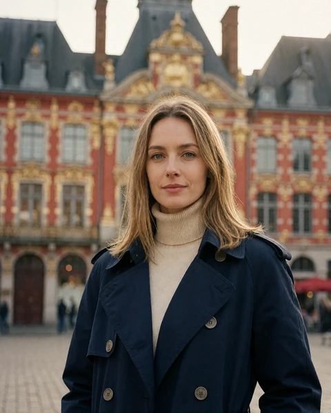 French woman in a navy trench coat on the Grand Place in Lille with Flemish red-brick facades behind her