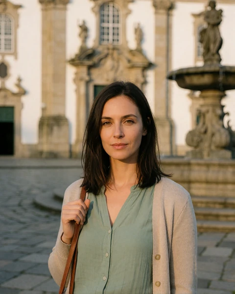 Portuguese woman in a sage green blouse standing in a baroque stone square in Braga, northern Portugal