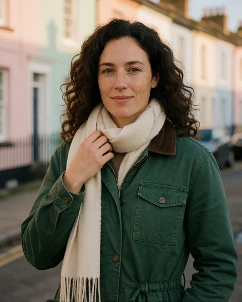 British woman in a green jacket on a Bristol street of pastel terraced houses near the harbourside