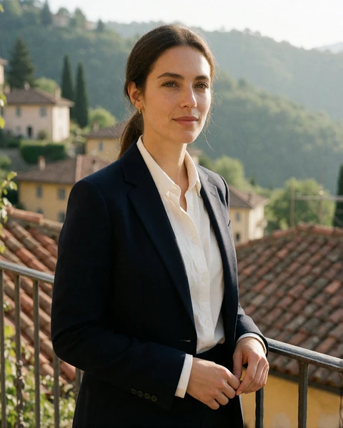 Elena, 41, from Borgo Maggiore, at a railing above red-tiled rooftops and Apennine hills